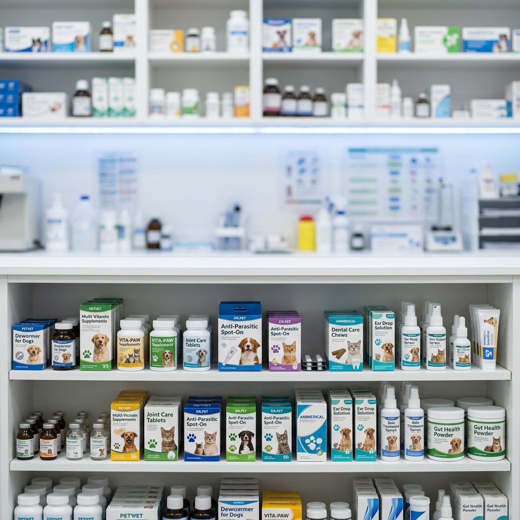 Estantes con medicina veterinaria