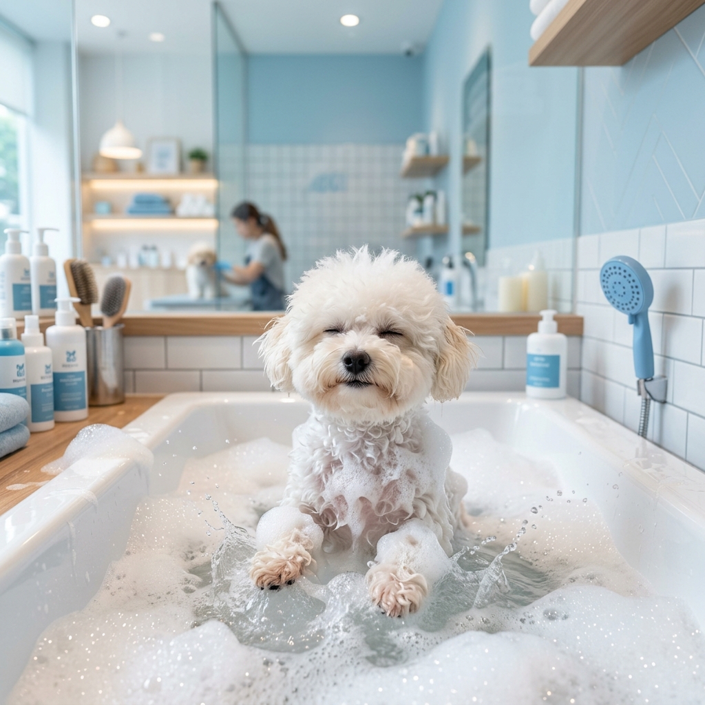 Perro en baño con burbujas